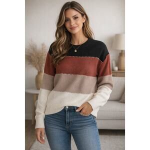 Disamer Womens Medium Color Block Sweater Tan Cream Orange Black NWT